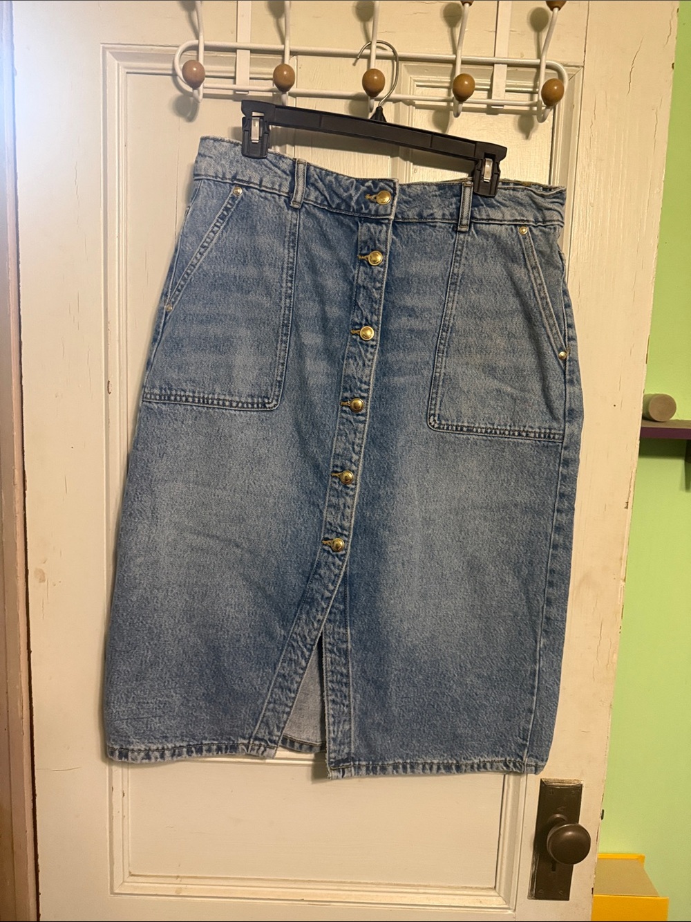 Michael Kors Light Blue Button-Front Denim Midi Skirt